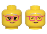 Yellow Minifigure, Head Dual Sided Female Light Bluish Gray Eyebrows, Magenta Glasses and Open Eyes / Closed Eyes Pattern - Hollow Stud