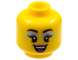 Yellow Minifigure, Head Female Black Eyebrows, Metallic Blue and Dark Pink Eye Shadow, Stars, Open Smile Pattern - Hollow Stud