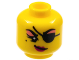 Yellow Minifigure, Head Female Black Eyebrows, Eyepatch, and Beauty Mark, Coral Eyeshadow, Magenta Lips Smirk Pattern - Hollow Stud
