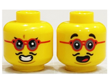 Yellow Minifigure, Head Dual Sided, Black Eyebrows, Red Glasses, Thin Moustache, Surprised Open Mouth / Clenched Teeth Pattern - Hollow Stud