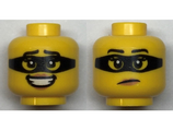 Yellow Minifigure, Head Dual Sided Female Black Eyebrows, Peach Lips and Black Mask Pattern / Open Mouth Smile - Hollow Stud