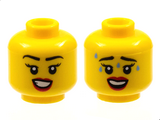 Yellow Minifigure, Head Dual Sided Female Black Eyebrows, Red Lips, Smile with Teeth / Worried with Sweat Pattern - Hollow Stud