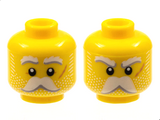 Yellow Minifigure, Head Dual Sided White Eyebrows, Moustache, and Whiskers, Medium Nougat Scar on Left Cheek, Neutral / Angry Pattern - Hollow Stud