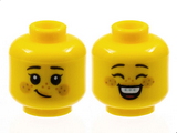 Yellow Minifigure, Head Dual Sided Child Black Eyebrows, Bright Light Orange Cheeks, Medium Nougat Freckles, Grin / Smile with Braces Pattern - Hollow Stud