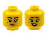 Yellow Minifigure, Head Dual Sided Female Black Eyebrows and Beauty Mark, Medium Nougat Lips, Lopsided Grin / Surprised Pattern - Hollow Stud