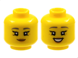 Yellow Minifigure, Head Dual Sided Female Dark Bluish Gray Eyebrows, Medium Nougat Lips and Age Lines, Grin / Open Smile Pattern - Hollow Stud