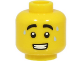 Yellow Minifigure, Head Black Thick Eyebrows, 3 Bright Light Blue Sweat Drops, Open Mouth with Teeth Pattern - Hollow Stud