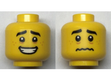 Yellow Minifigure, Head Dual Sided, Black Eyebrows, Medium Nougat Freckles, Open Mouth Smile / Scared Worried Pattern - Hollow Stud