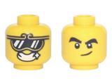 Yellow Minifigure, Head Dual Sided, Gold Trim Sunglasses with Reflections, Open Mouth Grin with Sparkle / Black Thick Eyebrows, Smirk Pattern - Hollow Stud