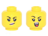 Yellow Minifigure, Head Dual Sided Female, Black Eyebrows, Bright Pink Lips, Smirk / Open Smile with Teeth and Red Tongue Pattern - Hollow Stud