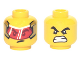 Yellow Minifigure, Head Dual Sided, Black Thick Eyebrows, Red Visor with Reflections, Crooked Scowl / Angry Grimace Pattern - Hollow Stud