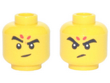 Yellow Minifigure, Head Dual Sided, Black Eyebrows and Eyes with White Pupils, 2 Red Spots, Eyebrow Raised Smirk / Angry Pattern - Hollow Stud