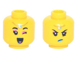 Yellow Minifigure, Head Dual Sided Female, Dark Pink Eye Shadow, Medium Azure Lips, Gold Charm on Forehead, Open Mouth Smile and Wink / Angry Pattern - Hollow Stud