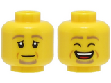 Yellow Minifigure, Head Dual Sided Dark Tan Eyebrows and Goatee, Nougat Cheek Lines, Neutral / Laughing with Open Mouth and Closed Eyes Pattern - Hollow Stud