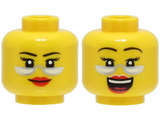 Yellow Minifigure, Head Dual Sided Female Black Thin Eyebrows, Red Lips, Silver Glasses, Smile / Laughing with Open Mouth Pattern - Hollow Stud