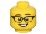 Yellow Minifigure, Head Dark Brown Eyebrows, Black Rectangular Glasses, Open Mouth Smile, White Teeth, Chin Dimple Pattern - Hollow Stud