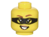 Yellow Minifigure, Head Female Reddish Brown Eyebrows, Black Mask, Open Mouth with Teeth, Lopsided Grin Pattern - Hollow Stud
