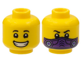 Yellow Minifigure, Head Dual Sided Child, Black Eyebrows, Wide Smile with Teeth / Dark Purple Mask Pattern - Hollow Stud