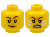 Yellow Minifigure, Head Dual Sided Female, Dark Red Eyebrows, Peach Lips, Smirk / Scowl with White Face Paint Lines Pattern - Hollow Stud