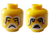 Yellow Minifigure, Head Dual Sided Light Bluish Gray and White Eyebrows and Goatee, Wrinkles, Closed Eyes and Frown / Open Mouth with Tooth Pattern - Hollow Stud