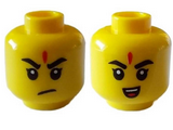 Yellow Minifigure, Head Dual Sided Black Eyebrows, Red Forehead Mark, Frown / Small Open Smile with Teeth and Tongue Pattern - Hollow Stud