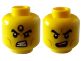 Yellow Minifigure, Head Dual Sided Black Thick Eyebrows, Cheek Lines, Bared Teeth with Forehead Jewel / Open Mouth with Red Tongue Pattern - Hollow Stud