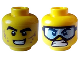 Yellow Minifigure, Head Dual Sided Black Thick Eyebrows, Open Mouth Grin with Teeth and Dark Tan Smudges / Bared Teeth with Sports Goggles Pattern - Hollow Stud