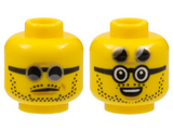 Yellow Minifigure, Head Dual Sided Black and Gold Sunglasses, Stubble, Neutral / Open Mouth Smile with Raised Lenses Pattern - Hollow Stud
