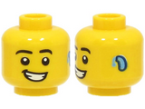 Yellow Minifigure, Head Black Eyebrows, Open Mouth Smile with Teeth, Hearing Aid Pattern - Hollow Stud