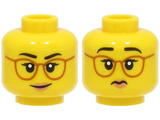Yellow Minifigure, Head Dual Sided Female, Black Eyebrows, Dark Orange Glasses, Peach Lips, Smile / Frown Pattern - Hollow Stud