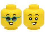 Yellow Minifigure, Head Dual Sided Child, Black Eyebrows, Open Mouth Smile with Teeth, with / without Dark Turquoise Glasses Pattern - Hollow Stud
