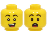 Yellow Minifigure, Head Dual Sided Black Eyebrows, Open Mouth with Teeth and Tongue, Wide Smile / Scared Pattern - Hollow Stud