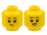 Yellow Minifigure, Head Dual Sided Female Child, Black Eyebrows, Medium Nougat Freckles, Lopside Grin / Small Smile with Teeth Pattern - Hollow Stud