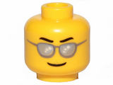 Yellow Minifigure, Head Glasses with Silver Sunglasses, Black Eyebrows Wavy, Thin Grin Pattern - Hollow Stud