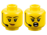 Yellow Minifigure, Head Dual Sided Female Black Eyebrows and Headset, Peach Lips, Lopsided Grin / Shouting Pattern - Hollow Stud