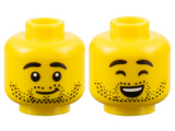 Yellow Minifigure, Head Dual Sided, Black Eyebrows and Stubble, Smirk / Closed Eyes and Open Smile Pattern - Hollow Stud