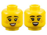 Yellow Minifigure, Head Dual Sided Female, Black Eyebrows, Dark Red Freckles, Peach Lips, Smile with Teeth / Open Smile Pattern - Hollow Stud