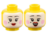 Yellow Minifigure, Head Dual Sided Female, White Face, Black Eyebrows, Beauty Mark, Bright Pink Circles, Red Lips, Closed Smile / Open Smile Pattern - Hollow Stud