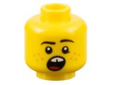 Yellow Minifigure, Head Black Eyebrows, Medium Nougat Freckles, Open Mouth with Gap in Teeth, Red Tongue Pattern - Hollow Stud