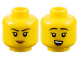 Yellow Minifigure, Head Dual Sided Female Black Eyebrows, Peach Lips, Neutral / Open Mouth Smile Pattern - Hollow Stud