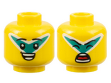 Yellow Minifigure, Head Dual Sided Black Eyebrows, Dark Turquoise and White 'V' Facepaint, Open Smile / Singing with Closed Eyes Pattern - Hollow Stud