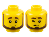 Yellow Minifigure, Head Dual Sided Dark Brown Eyebrows and Beard, Neutral / Wink Right Pattern - Hollow Stud
