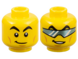 Yellow Minifigure, Head Dual Sided Black Arched Eyebrows, Cheek Lines and Chin Dimple, Lopsided Grin / Metallic Light Blue Glasses (Visor) Pattern - Hollow Stud