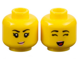 Yellow Minifigure, Head Dual Sided Female Black Eyebrows, Bright Pink Lips, Small Grin / Closed Eyes and Open Mouth with Red Tongue Pattern - Hollow Stud