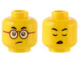 Yellow Minifigure, Head Dual Sided Small Black Eyebrows, Dark Red Glasses, Sad / Eyes Closed Pattern - Hollow Stud