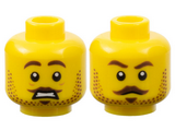 Yellow Minifigure, Head Dual Sided Dark Brown Eyebrows, Moustache and Beard Stubble, Surprised with Open Mouth / Stern Thin Lips Pattern - Hollow Stud