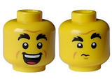 Yellow Minifigure, Head Dual Sided Black Bushy Eyebrows, Forehead and Cheek Lines, Open Mouth Grin with Teeth / Closed Mouth, Chin Dimple - Hollow Stud