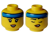 Yellow Minifigure, Head Dual Sided Female Black Eyebrows and Eyelashes, Blue Headband, Open Smile / Closed Eyes, Lopsided Open Mouth Pattern - Hollow Stud