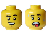 Yellow Minifigure, Head Dual Sided Black Eyebrows, Smile with Teeth, Chin Dimple / Open Mouth, Red Tongue, Sweat Drops Pattern - Hollow Stud