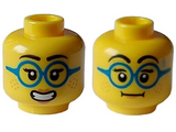 Yellow Minifigure, Head Dual Sided Female Black Eyebrows and Eyelashes, Freckles, Dark Azure Glasses, Determined Open Mouth / Closed Mouth Pattern - Hollow Stud